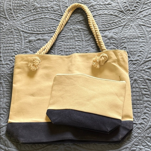 Handbags - Stylish cream and navy blue Tote Bag Set